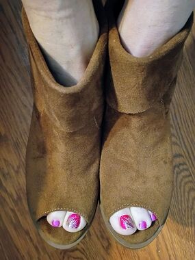 SO Brown Suede Peep-Toe Mules
